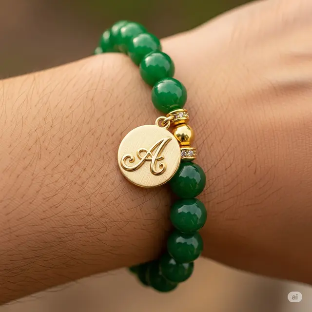 Gelang Giok Custom Initial dengan Pendant Emas