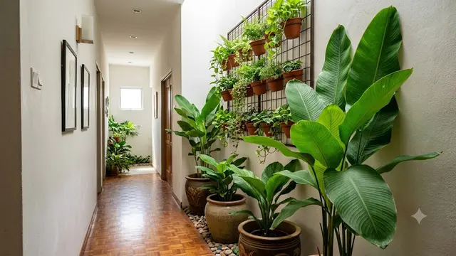 Ide Taman Mini di Lorong Rumah dengan Tanaman Berdaun Lebar