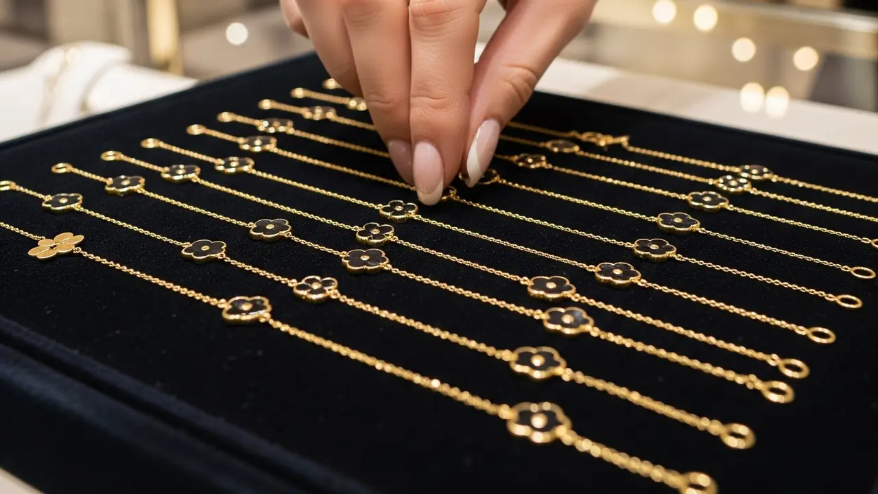 Model Gelang Bunga Hitam Rantai Emas Minimalis dan Elegan