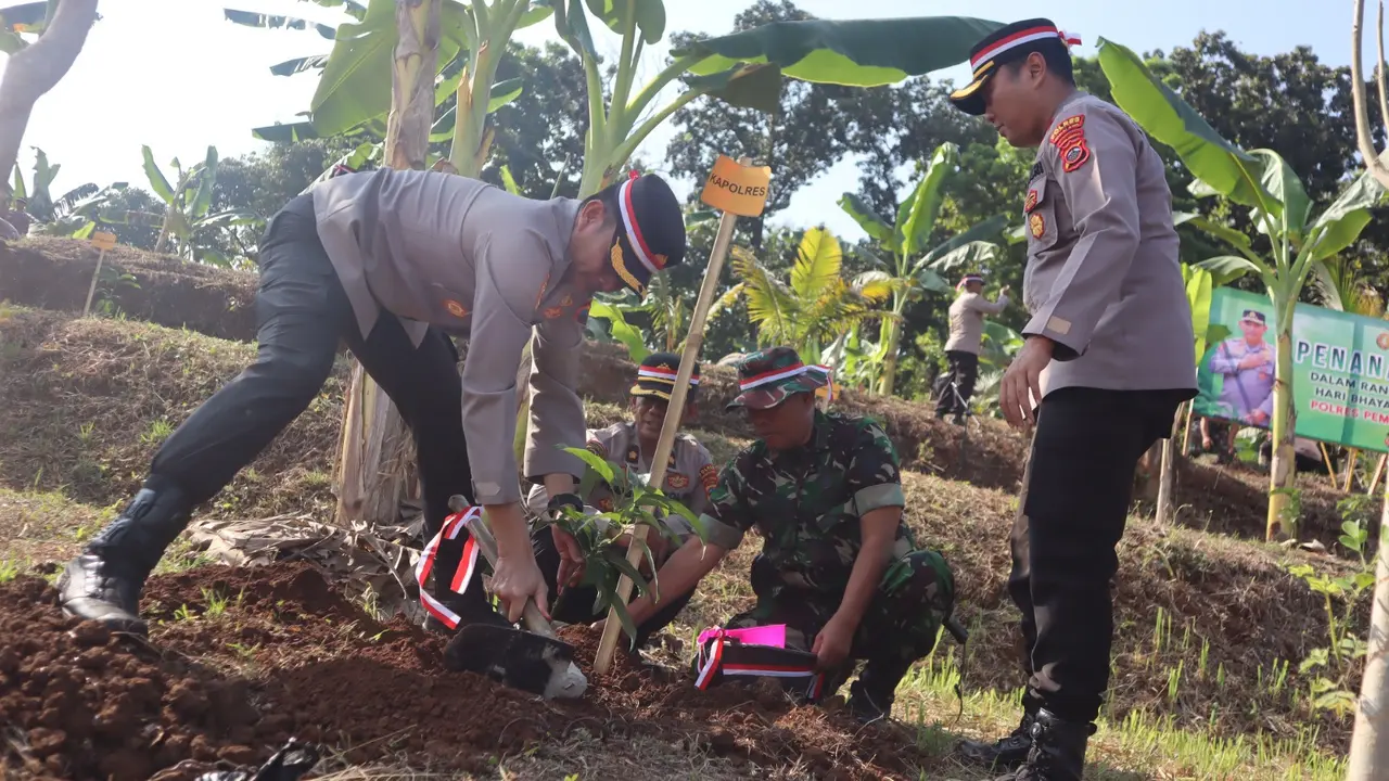 Peringati Hari Bhayangkara 2024, warga desa dan Forkopimda di Pemalang tanam ratusan pohon. (Foto: Liputan6.com/Humas Polres Pemalang)