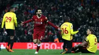 Winger Liverpool, Mohamed Salah, merayakan gol yang dicetak ke gawang Watford dalam laga lanjutan Premier League 2017-2018 di Stadion Anfield, Minggu (18/3/2018) dini hari WIB. (Twitter Liverpool)