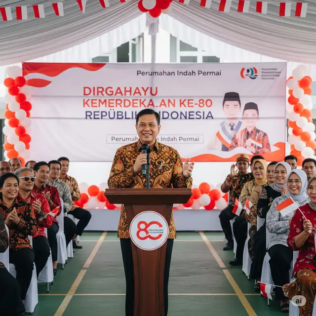 Foto ilustrasi ketua lingkungan perumahan yang sedang memberikan kata-kata sambutan di acara 17 Agustus. Foto; Gemini