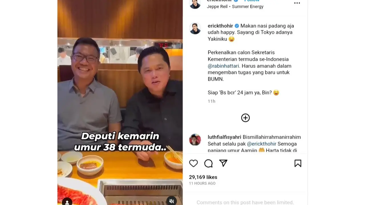 Menteri BUMN Erick Thohir akan melantik Rabin Hattari sebagai Sekretaris Kementerian BUMN baru pada hari ini, Rabu, 24 Mei 2023.  Foto: Instagram