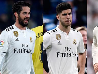 Real Madrid tampil mengecewakan usai ditinggal Cristiano Ronaldo sejak awal musim 2018/19. Alhasil Real Madrid meski merombak skuat yang ada. Beberapa pemain sebaiknya meninggalkan Real Madrid dan berlabuh ke Premier League. (AFP/Kolase Foto AFP)