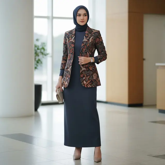 Model Gamis Polos Kombinasi Blazer Batik