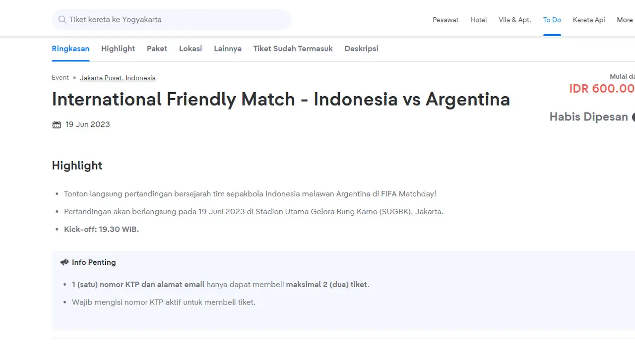 Tiket pertandingan FIFA Match Day antara Timnas Argentina vs Indonesia habis dipesan dalam hitungan menit.