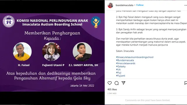 Haji Faisal, Fuji dan Sandy Arifin dapat penghargaan dari Komisi Nasional Perlindungan Anak
