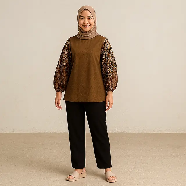 Gaya Batik Kombinasi Lengan Puff Hijab Friendly/Ilustrasi gambar AI