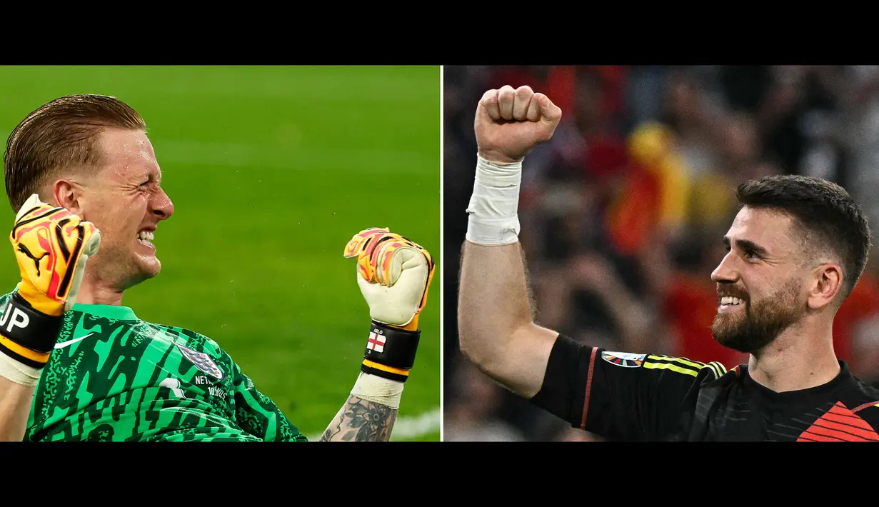 Jordan Pickford tentu akan kembali dipercaya mengawal gawang Timnas Inggris. Ia sempat tampil luar biasa saat menghadapi Swiss pada babak adu penalti saat laga perempat final. Kiper Everton itu juga telah membuat dua kali clean sheet saat Piala Eropa ini. Sementara itu, gawang Timnas Spanyol akan dikawal oleh Unai Simon. Simon tercatat membuat tiga kali clean sheet pada Piala Eropa kali ini. (AFP/Javier Soriano, Odd Andersen)