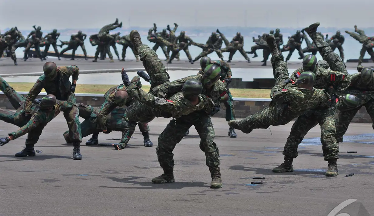 Sebuah demonstrasi beladiri militer ditunjukkan para prajurit TNI saat perayaan HUT TNI ke-69, Surabaya, Senin (7/10/2014) Surabaya (Liputan6.com/Johan Tallo)