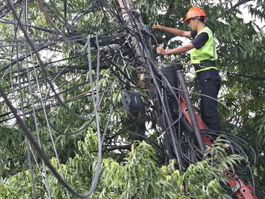 Petugas PLN mengecek instalasi kabel di tiang listrik milik PLN, Jakarta (26/2). Mulai 28 Februari 2016, PLN berencana membongkar perangkat atau jaringan telematika yang memanfaatkan tiang listrik di Jakarta tanpa izin. (Liputan6.com/Immanuel Antonius)