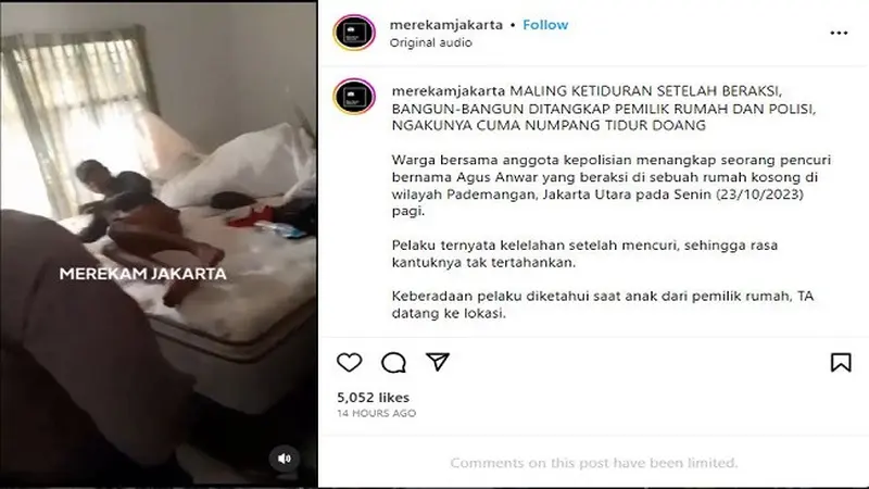 Video yang merekam seorang pria diduga maling ketiduran saat beraksi di rumah kosong viral di media sosial. (Instagram @merekamjakarta)