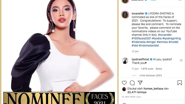 Lyodra masuk menjadi salah satu nominasi sebagai wanita tercantik dunia versi TC Candler.