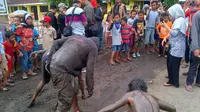 Mengguling-gulingkan badannya di atas lubang jalan berlumpur hingga membuat seluruh tubuh kotor oleh lumpur. (Liputan6.com/Fajar Eko Nugroho).