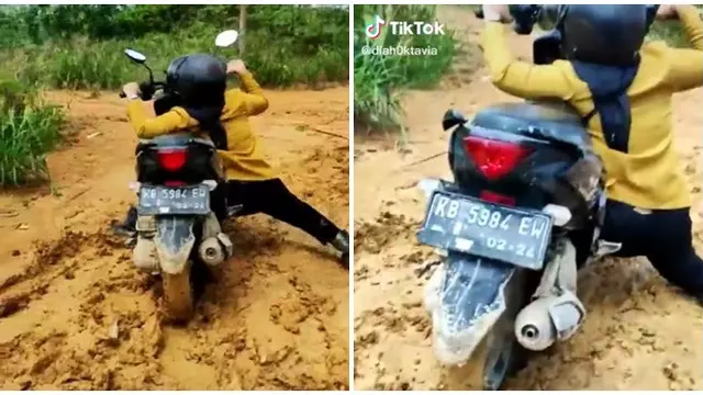 Terjebak di Lumpur, Aksi Wanita Menahan Motornya Agar Tidak Jatuh Ini Kocak