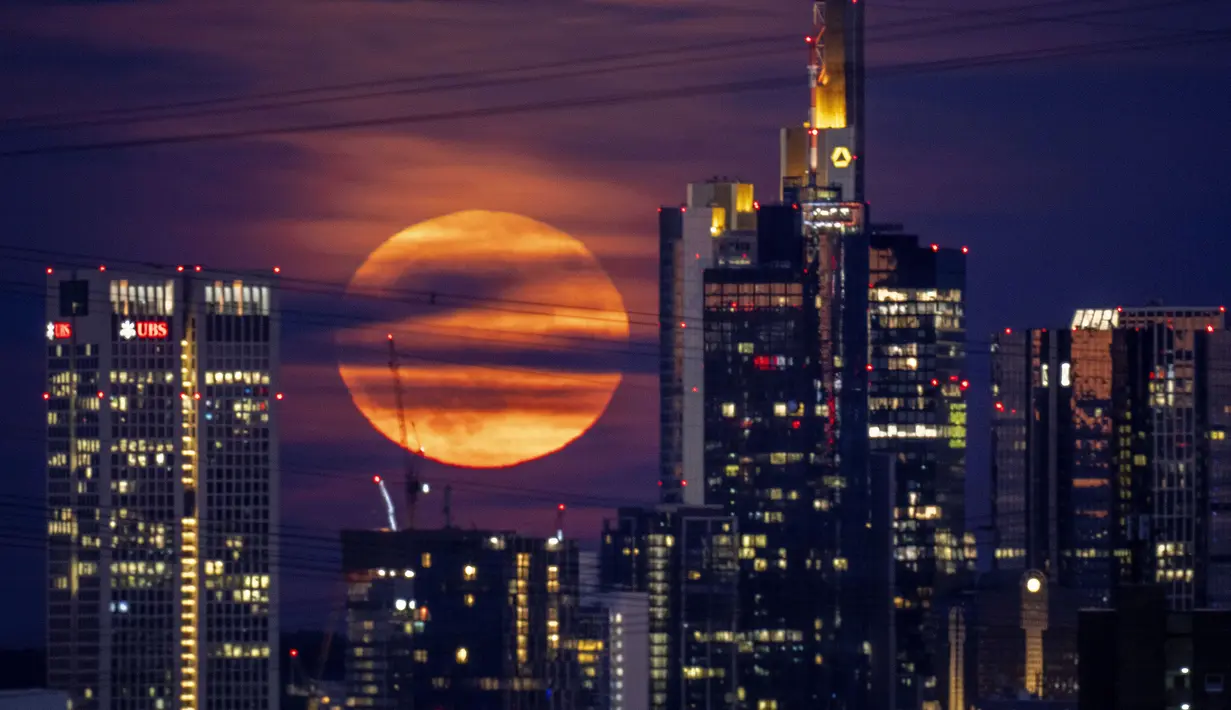 Bulan purnama muncul dari balik gedung-gedung di kawasan perbankan di Frankfurt, Jerman, 14 Juni 2022. Fenomena ini disebut juga sebagai Strawberry Supermoon karena terjadi pada saat panen strawberry. (AP Photo/Michael Probst)