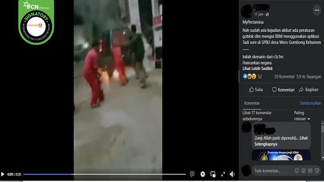 Gambar Tangkapan Layar Video yang Diklaim Mobil Terbakar di SPBU Gombong Kebumen karena Isi BBM Pakai MyPertamina (sumber: Facebook).