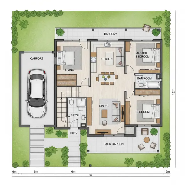 Denah Rumah Sederhana 6x12 3 Kamar.