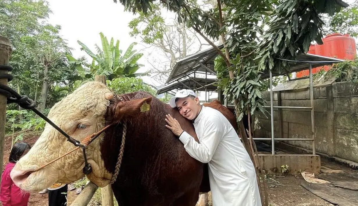 Anwar yang mengenakan gamis putih pun nampak memeluk sapi hewan kurbannya tersebut. @anwar_bab