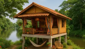 Rumah Sederhana dengan Pondasi Tinggi yang Asri (Foto: ChatGPT)