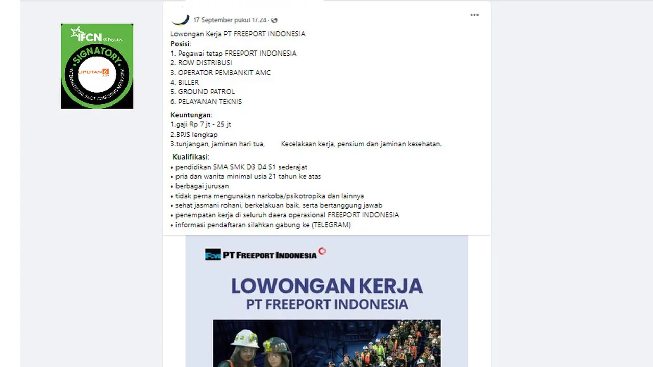 Tangkapan layar klaim pendaftaran lowongan kerja Freeport Indonesia lewat telegram