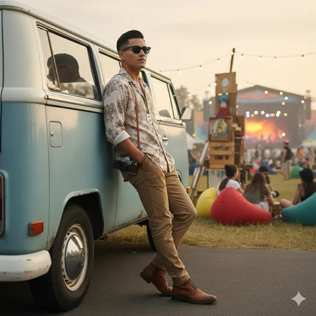 Prompt AI Edit Foto Festival Musik Gaya Boho Outdoor