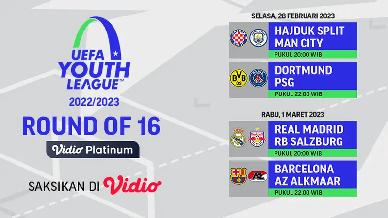 Live Streaming UEFA Youth League Round 16 Malam ini di Vidio Real Madrid Juvenil A Vs Salzburg U-19, Barcelona U-19 Vs AZ Alkmaar