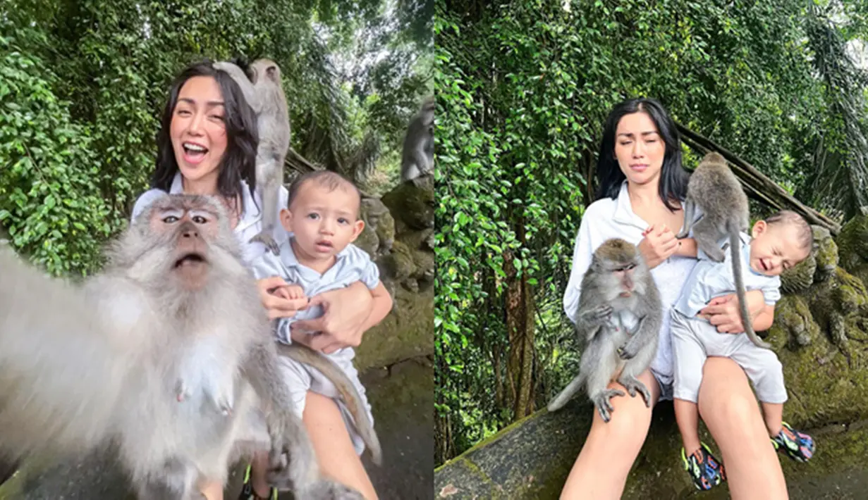Jessica Iskandar dan baby Don menikmati liburan di Ubud Monkey Forest. Jedar lalu mengajak putra bungsunya itu untuk selfie bersama monyet. Namun, ekspresi adik El Barack itu justru bikin gemas netizen. Selain itu, ada pula foto baby Don yang tampak terkejut saat seekor monyet naik ke bahunya. (Liputan6.com/IG/@inijedar)