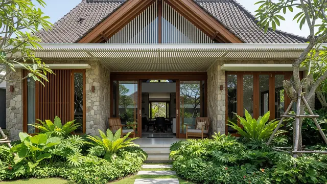 Model Rumah Tropis dengan Plafon Teras Lebih Menjulang