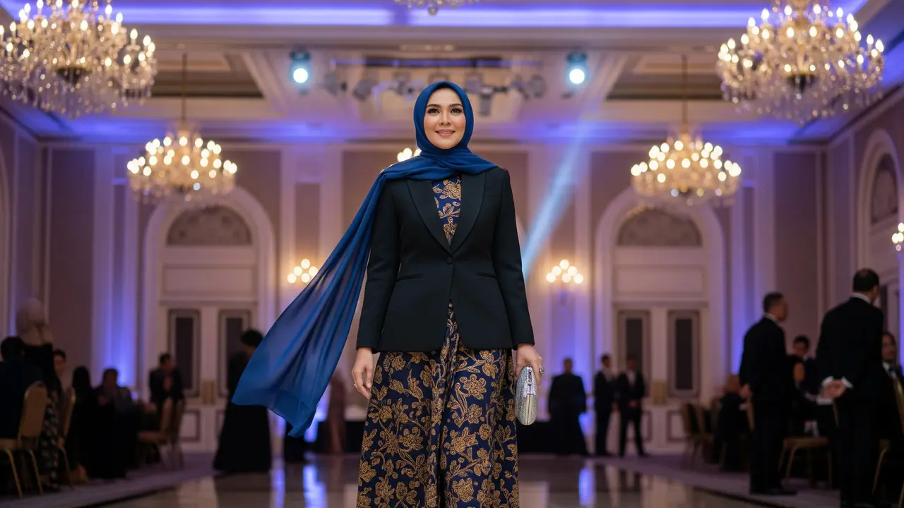 Model Gamis Batik Kombinasi Blazer Polos Formal untuk Acara Resmi