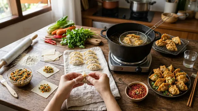Resep Pangsit Goreng Isi Sayur dengan Saus Cocolan Pedas (AI Generated)