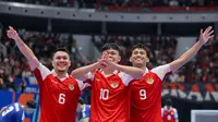 Ekspresi kegembiraan para pemain Timnas Futsal Indonesia setelah menundukkan Jepang pada semifinal Piala Asia Futsal 2026 di Indonesia Arena, Jakarta, Kamis (5/2/2026). (Bola.com/Bagaskara Lazuardi)
