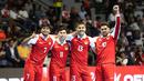 Para pemain Timnas Futsal Indonesia melakukan selebrasi gol saat berhadapan dengan Belanda pada laga lanjutan Four Nations Cup 2025 yang bergulir di Hall Basket Senayan, Jakarta, pada Sabtu (20/9/2025).