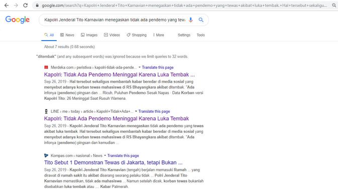 [Cek Fakta] Hoaks Kapolri Sebut 'Iris Kuping Saya Jika Ada Pendemo Meninggal karena Luka Tembak' (Screenshot/Google Search)