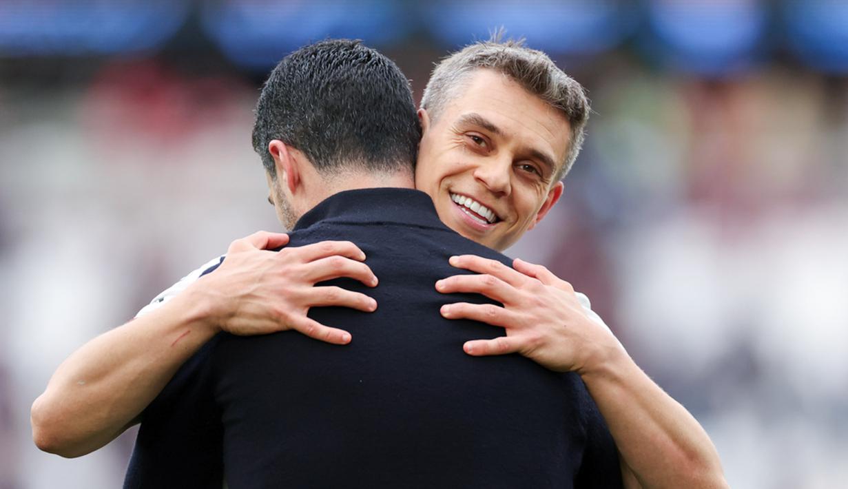 Arsenal meraih kemenangan tipis 1-0 atas West Ham pada pekan ke-36 Premier League 2025/2026 di London Stadium, Minggu (10/5/2026) dini hari WIB. Laga berjalan ketat dan ditentukan di menit-menit akhir. (AP Photo/Ian Walton)