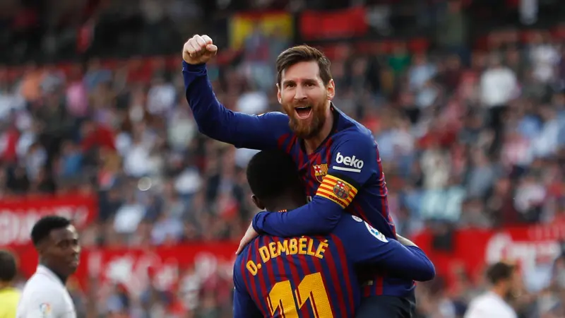 Selebrasi Lionel Messi Saat Cetak Hattrick ke Gawang Sevilla