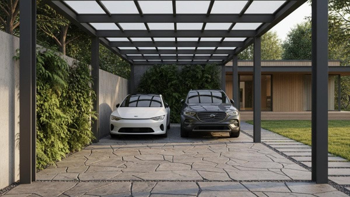 9 Desain Carport dengan Lantai Batu Alam yang Minimalis, Sentuhan Natural yang Megah dan Estetik