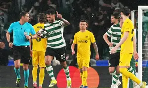 Selebrasi Luis Suarez dalam laga Sporting Lisbon vs Bodo/Glimt di leg kedua 16 besar Liga Champions 2025/2026, Rabu (18/3/2026). (AP Photo/Ana Brigida)