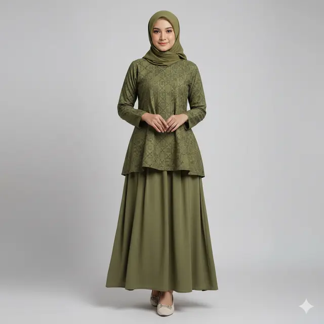 Model Gamis Batik Kombinasi Polos Warna Olive Cocok untuk Lamaran Sederhana. Gemini
