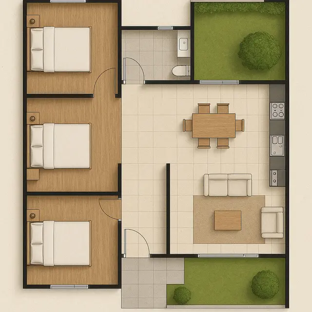 Denah Rumah 7x13 3 Kamar Tidur untuk Keluarga Modern