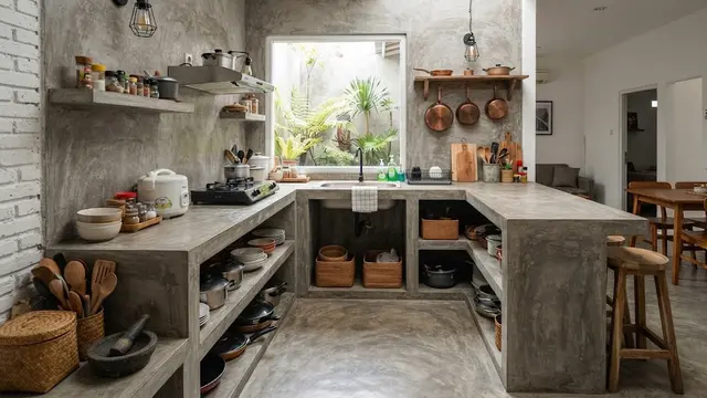 9 Desain Dapur dengan Meja Cor Berbentuk U untuk Rumah Tanpa Kitchen Set