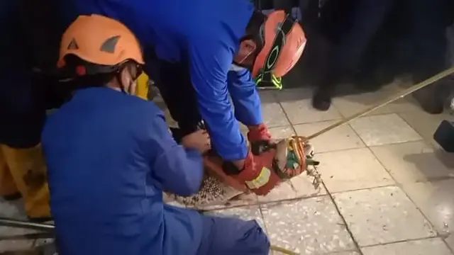 Anggota Dinas Pemadam Kebakaran dan Penyelamatan Kota Depok melakukan evakuasi buaya yang terlepas dari kandang