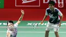 Pebulu tangkis ganda putri Indonesia Apriyani Rahayu/Siti Fadia Silva Ramadhanti saat bertanding melawan pebulu tangkis ganda putri China Taipei Hu Ling Fang/Lin Xiao Min pada pertandingan babak 16 besar Indonesia Masters 2023 di Istora Senayan, Jakarta, Kamis (26/1/2023). Apriyani/Siti Fadia berhasil mengalahkan lawannya dalam dua gim dengan skor akhir 22-20 dan 21-16. (Liputan6.com/Herman Zakharia)