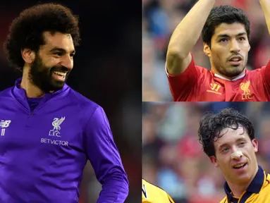Torehan satu gol Mohammed Salah ke gawang Southampoton membuat bintang Measir tersebut menjadi pemain tercepat mencetak 50 gol sejak berseragam Liverpool. Mantan pemain Chelsea tersebut mengungguli nama separti Robbie Fowler dan Luis Suarez. (Kolase Foto AFP).