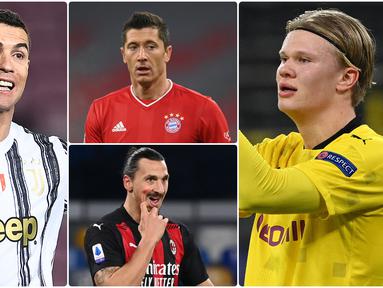 Cristiano Ronaldo kembali membuat kagum publik sepak bola dunia dengan menyabet gelar sebagai pemain terbaik abad ini. Pemain berusaia 35 tahun ini jadi pencetak gol terbanyak sepanjang tahun 2020. Berikut Cristiano Ronaldo dan pencetak gol terbanyak sepanjang 2020. (kolase foto AFP)