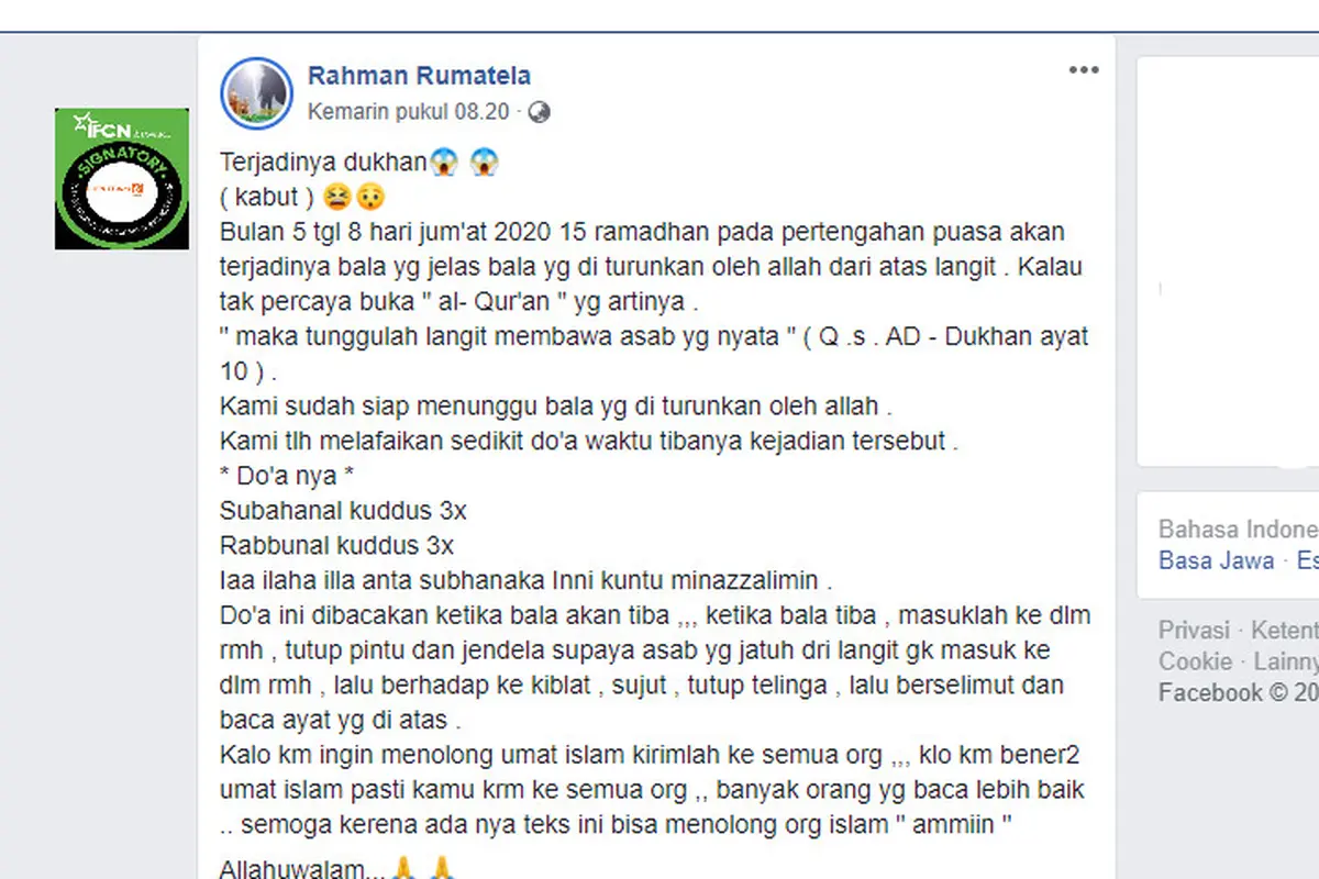 Kabar Suara Keras dan Kabut Tebal Muncul Pada 15 Ramadan Bersumber Dari Hadis Palsu