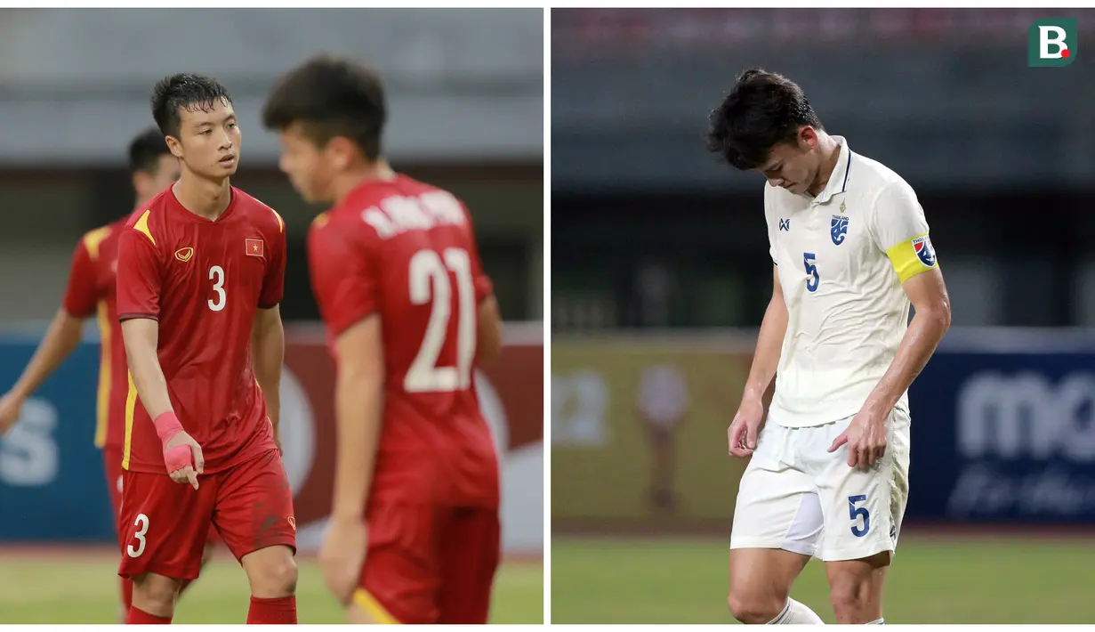 Kolase foto dari ekspresi pemain Vietnam U-19, Trinh Hoang Canh (kiri) dan pemain Thailand U-19, Chanapach Buaphan (kanan) usai dikalahkan masing-masing tim di semifinal Piala AFF U-19. Kekalahan Vietnam dan Thailand di semifinal ini bak karma yang harus mereka terima usai membuat Timnas Indonesia U-19 tersingkir di Piala AFF U-19 2022.