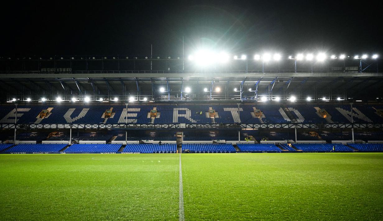 Suasana stadion Goodison Park menjelang laga putaran ketiga Piala FA 2024/2025 antara Everton melawan Peterborough United pada Jumat (10/01/2025) WIB. (AFP/Oli Scarff)