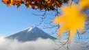 Nilai budaya dan inspirasi artistiknya yang mendalam menjadikan gunung ini tercatat sebagai Situs Warisan Budaya Dunia UNESCO pada tahun 2013. Tampak dalam foto, Gunung Fuji, gunung tertinggi di Jepang dengan ketinggian 3.776 meter (12.460 kaki), terlihat di balik daun-daun musim gugur dari kota Fujikawaguchiko, Prefektur Yamanashi, pada Senin 17 November 2025 pagi hari. (Caroline GARDIN/AFP)