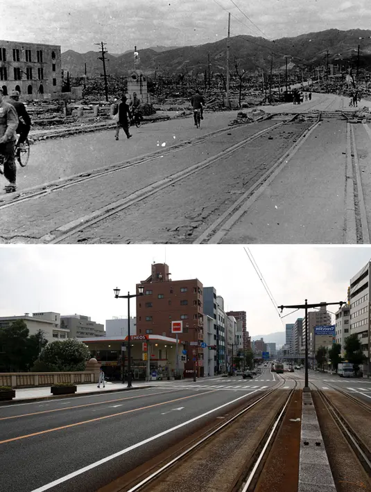 Warga berjalan di ruas jalan Aioi Bridge (atas), Hiroshima, Jepang  pada oktober 1945.  Sekarang daerah Aioi Bridge menjadi tempat yang nyaman dan tertata dengan rapi. (REUTERS/Shigeo Hayashi/Nagasaki Atomic Bomb Museum /Handout via Reuters /Issei Kato)